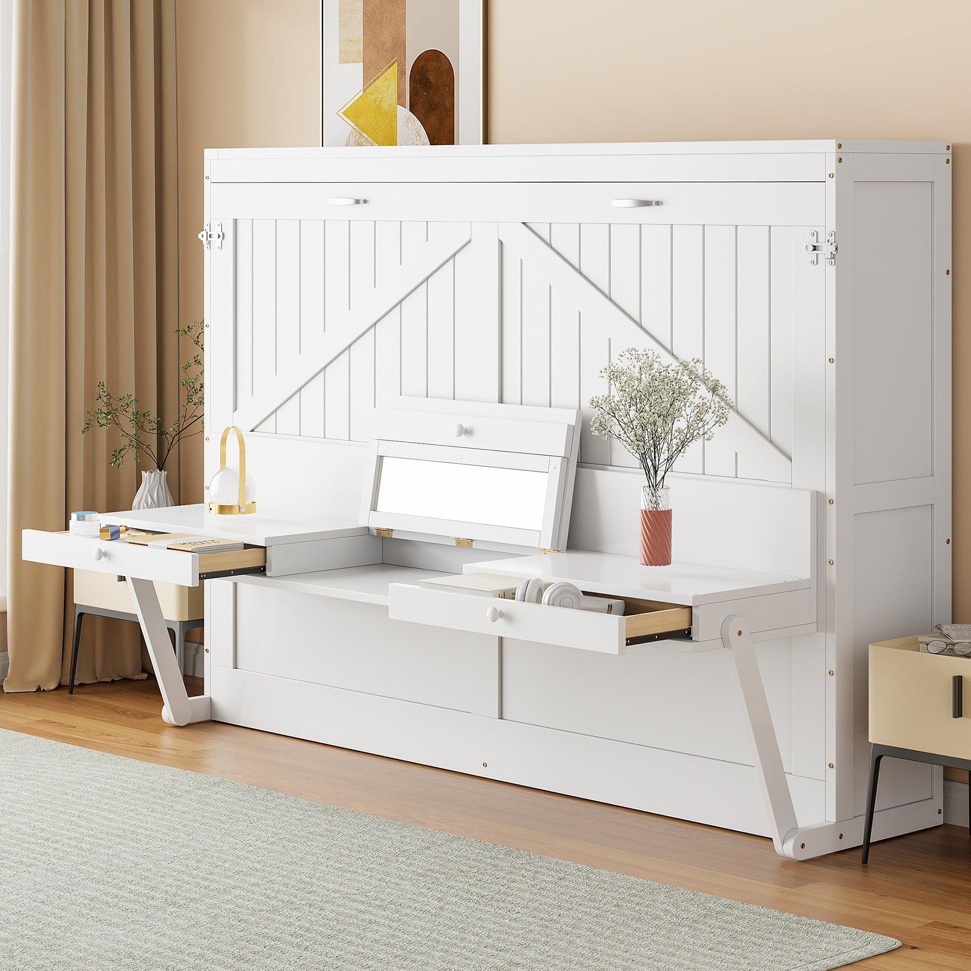 Queen Size Wall Murphy Bed with Storage, Foldable Cabinet Bed with Vanity Desk, Center Mirror & 2 Side Drawers, White(OLD SKU:LP000766AAK)