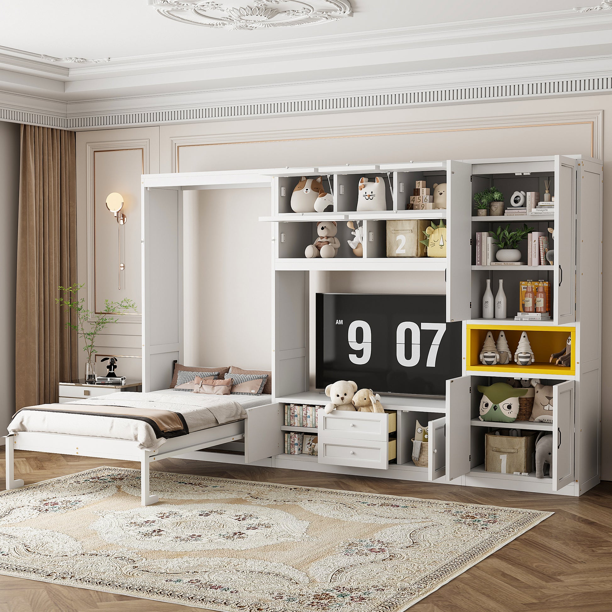 Twin Size Wooden Murphy Bed with TV Stand - White for Bedroom