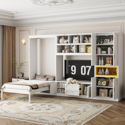 Twin Size Wooden Murphy Bed with TV Stand - White for Bedroom