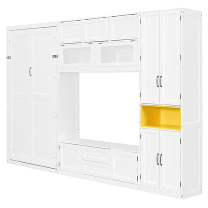 Twin Size Wooden Murphy Bed with TV Stand - White for Bedroom