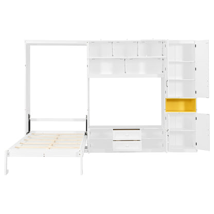 Twin Size Wooden Murphy Bed with TV Stand - White for Bedroom