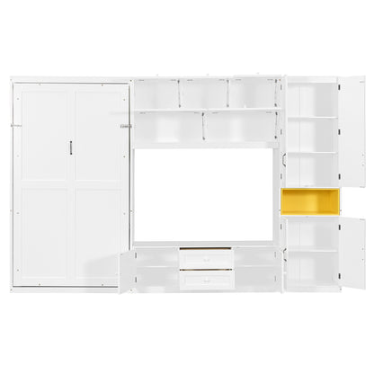 Twin Size Wooden Murphy Bed with TV Stand - White for Bedroom