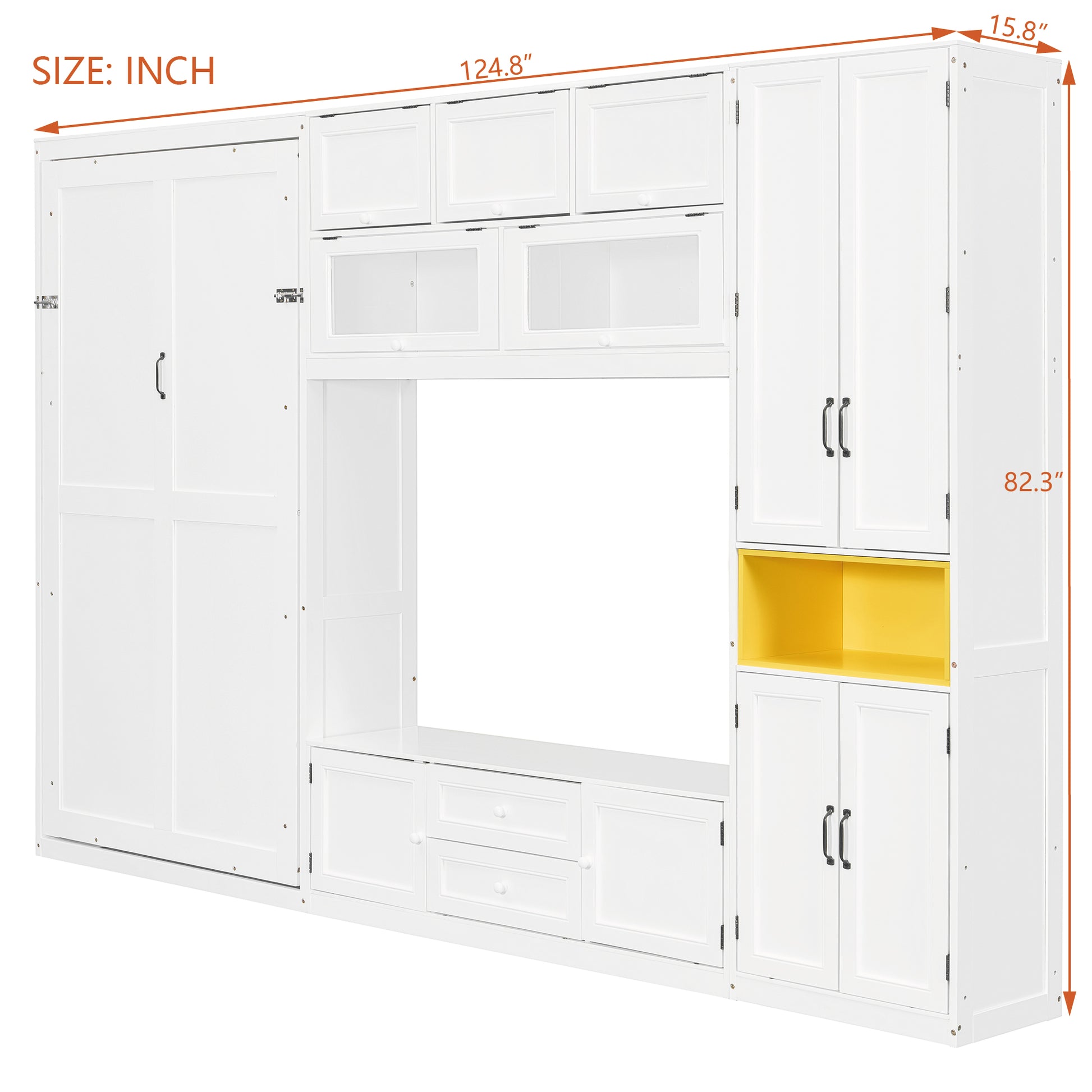 Twin Size Wooden Murphy Bed with TV Stand - White for Bedroom