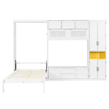 Twin Size Wooden Murphy Bed with TV Stand - White for Bedroom