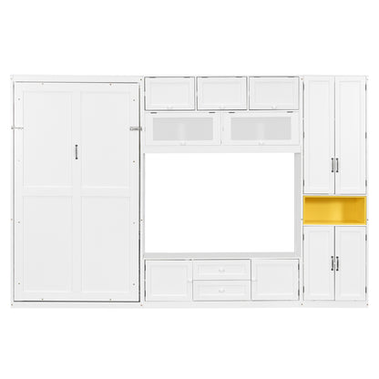 Twin Size Wooden Murphy Bed with TV Stand - White for Bedroom