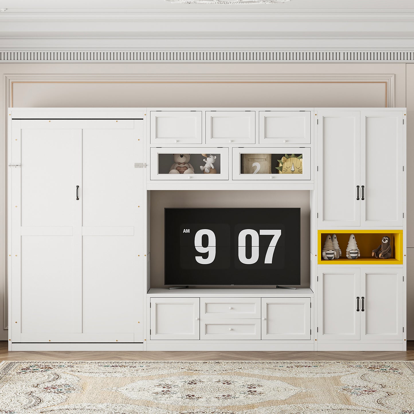 Twin Size Wooden Murphy Bed with TV Stand, 2 Drawers, Shelves, and Cabinets, White