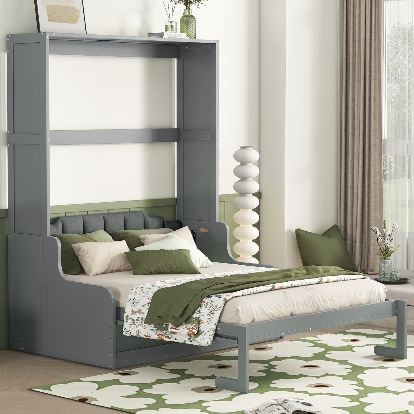 Queen Size Murphy Bed Gray MDF Frame - Space Saving Bed for Bedroom