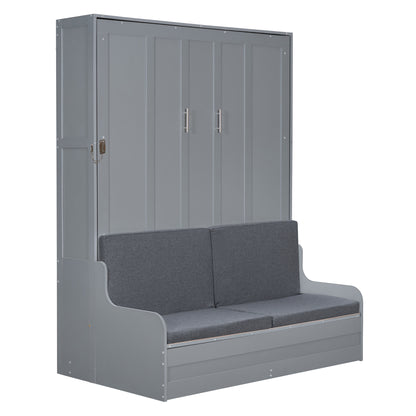 Queen Size Murphy Bed Gray MDF Frame - Space Saving Bed for Bedroom