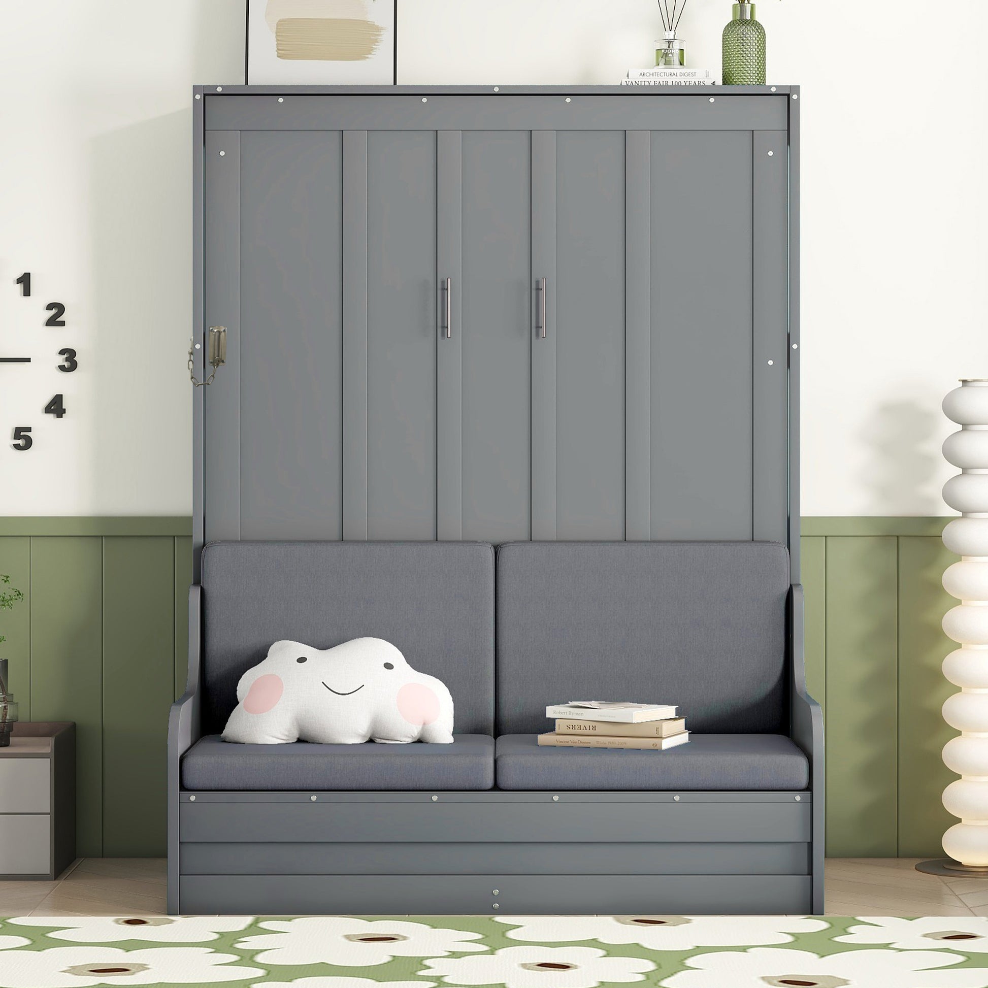 Queen Size Murphy Bed Wall Bed with Cushion,Gray(OLD SKU:LP000791AAE-2)
