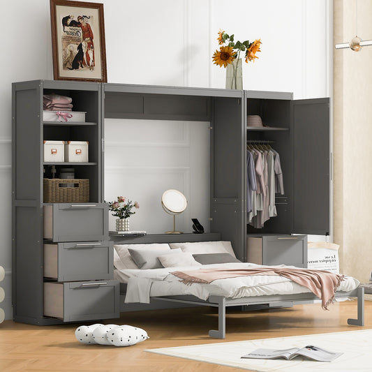 Queen Size Murphy Bed Wall Bed with Closet ,Drawers and Shelves,Gray(OLD SKU :LP000865AAE)
