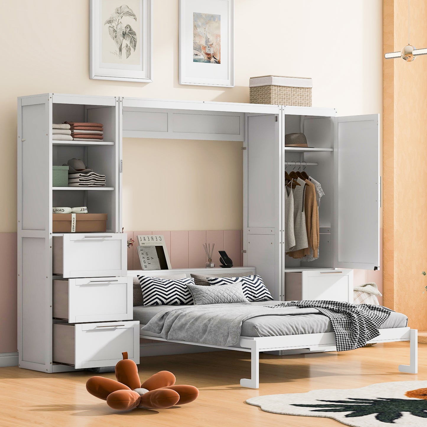 Queen Size Murphy Bed with Storage Cabinet White MDF for Bedroom