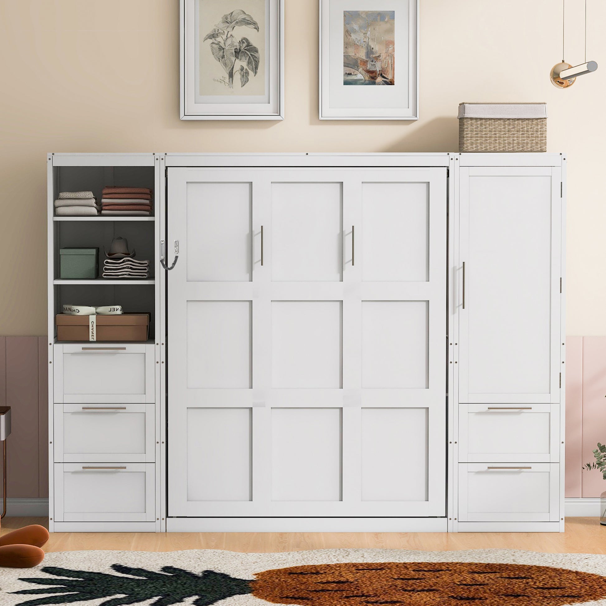 Queen Size Murphy Bed with Storage Cabinet White MDF for Bedroom