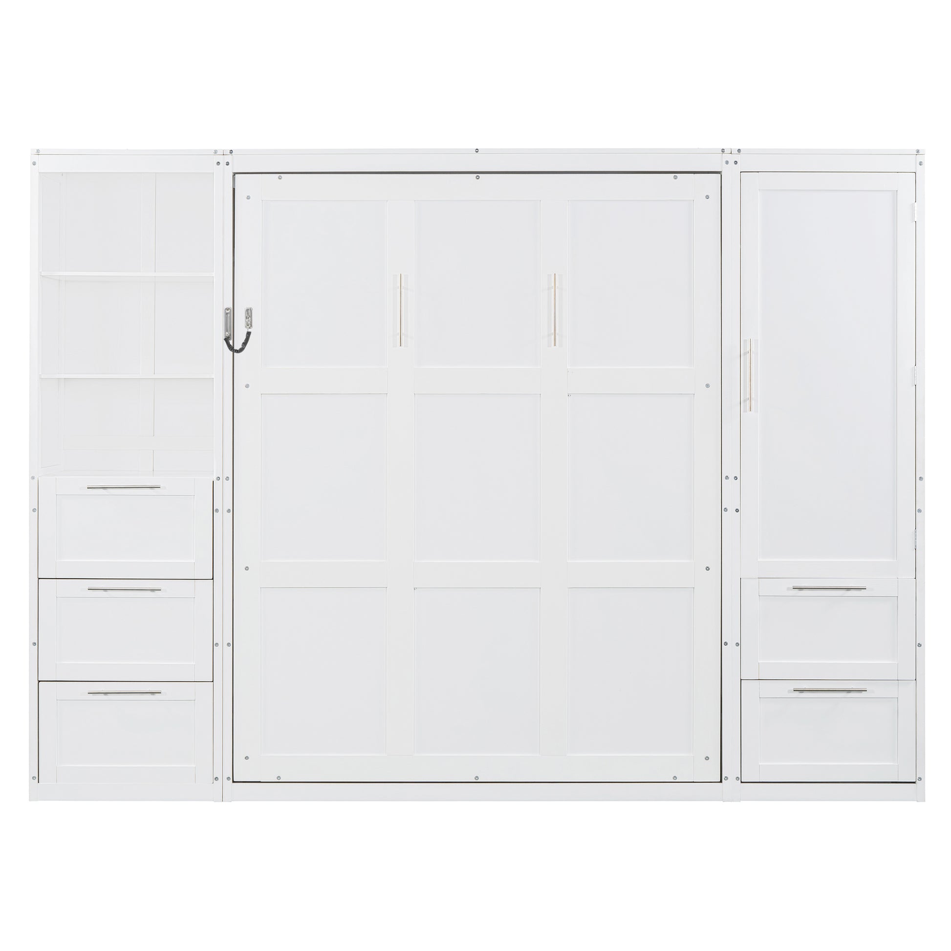 Queen Size Murphy Bed with Storage Cabinet White MDF for Bedroom