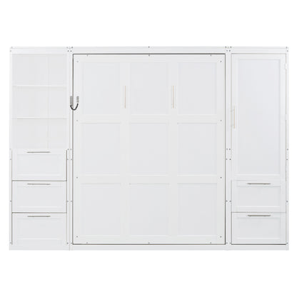 Queen Size Murphy Bed with Storage Cabinet White MDF for Bedroom