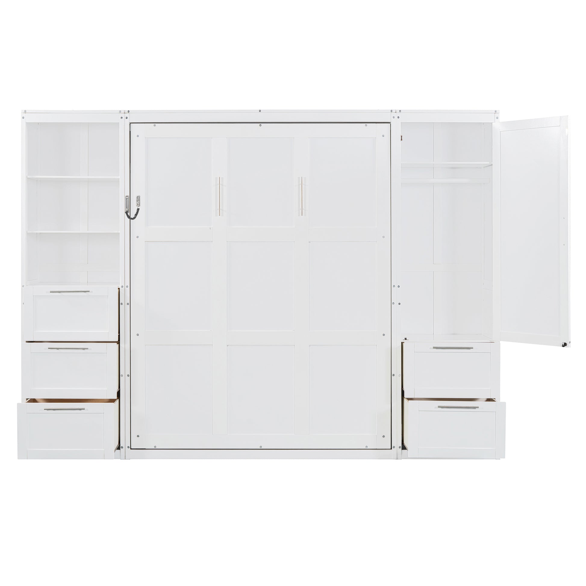 Queen Size Murphy Bed with Storage Cabinet White MDF for Bedroom