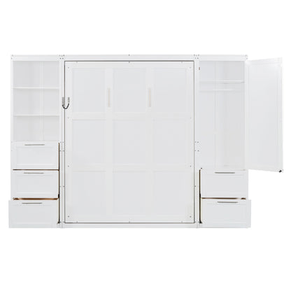 Queen Size Murphy Bed with Storage Cabinet White MDF for Bedroom