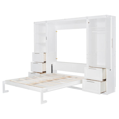Queen Size Murphy Bed with Storage Cabinet White MDF for Bedroom