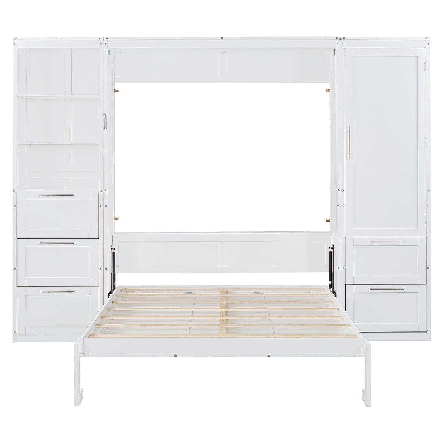 Queen Size Murphy Bed with Storage Cabinet White MDF for Bedroom