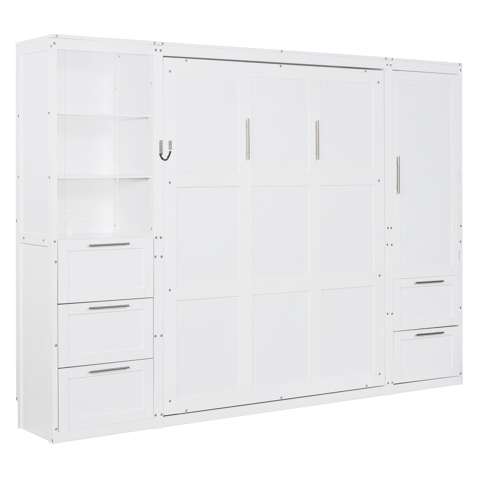 Queen Size Murphy Bed with Storage Cabinet White MDF for Bedroom