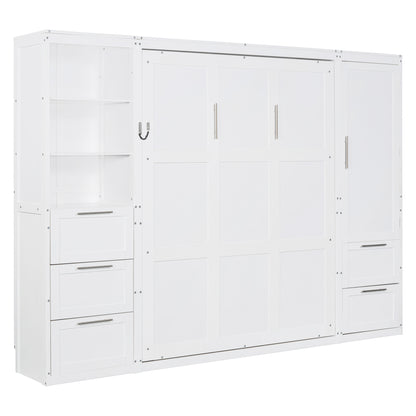 Queen Size Murphy Bed with Storage Cabinet White MDF for Bedroom