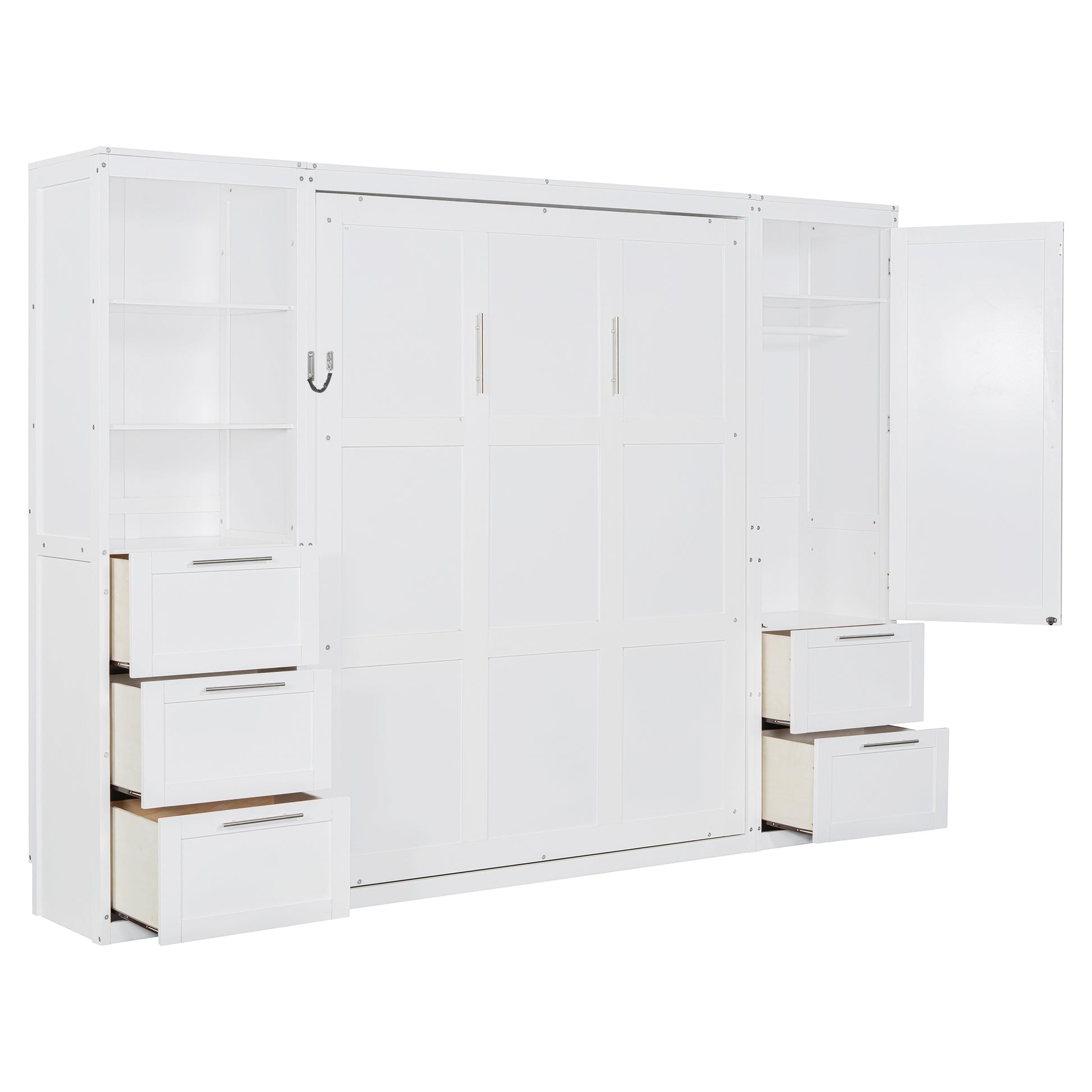 Queen Size Murphy Bed with Storage Cabinet White MDF for Bedroom