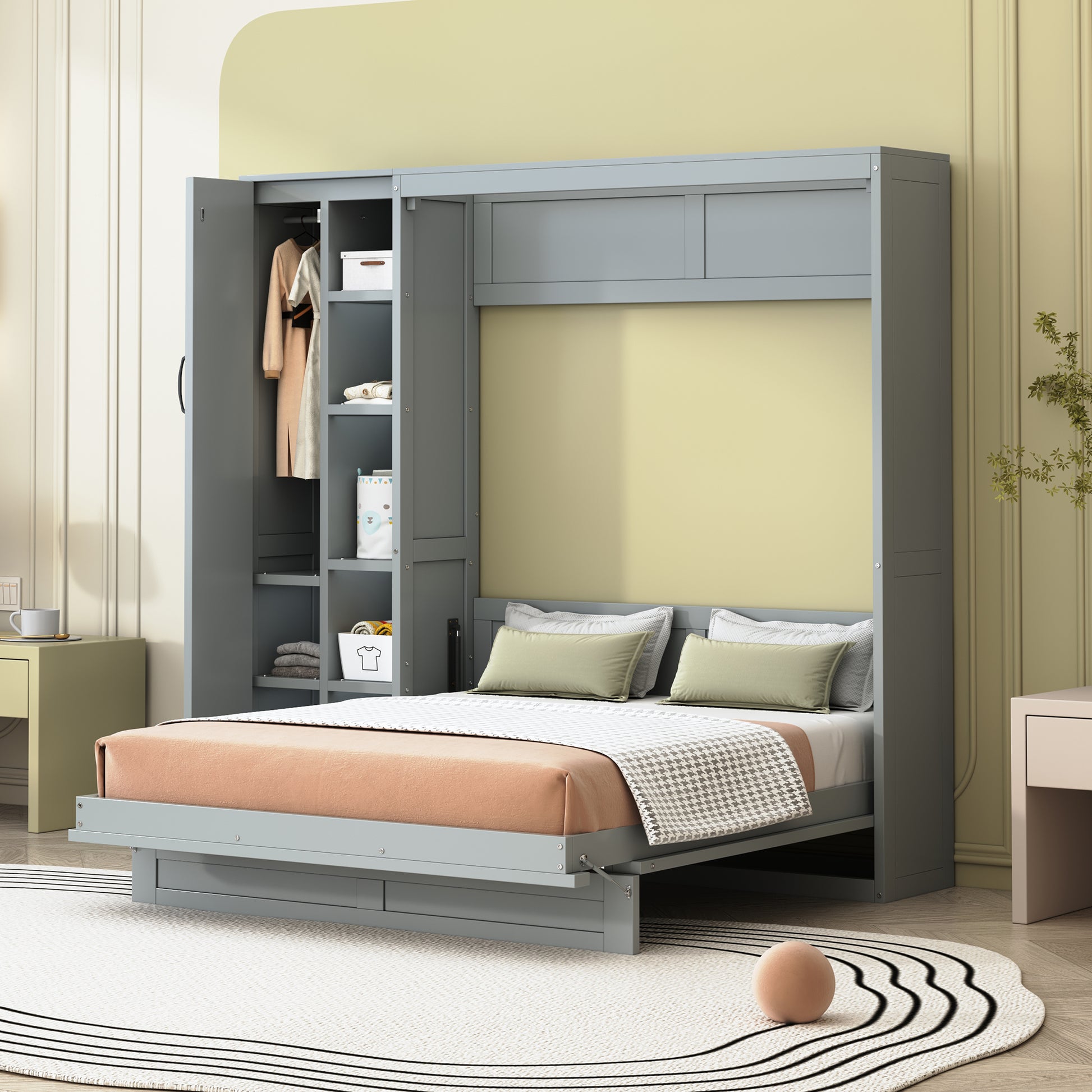 Gray Murphy Bed with Storage - Full Size Wall Bed for Bedroom