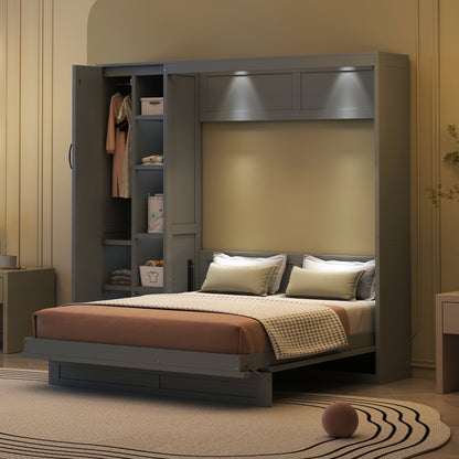 Gray Murphy Bed with Storage - Full Size Wall Bed for Bedroom