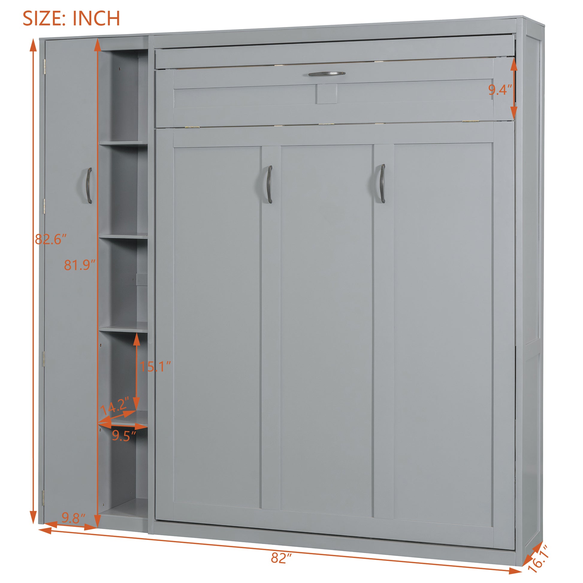 Gray Murphy Bed with Storage - Full Size Wall Bed for Bedroom