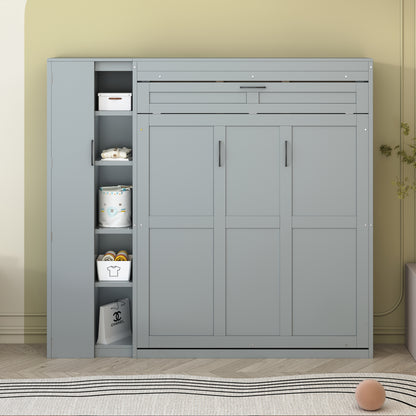 Full Size Murphy Bed Wall Bed with Shelves, Wardrobe and LED Lights,Gray