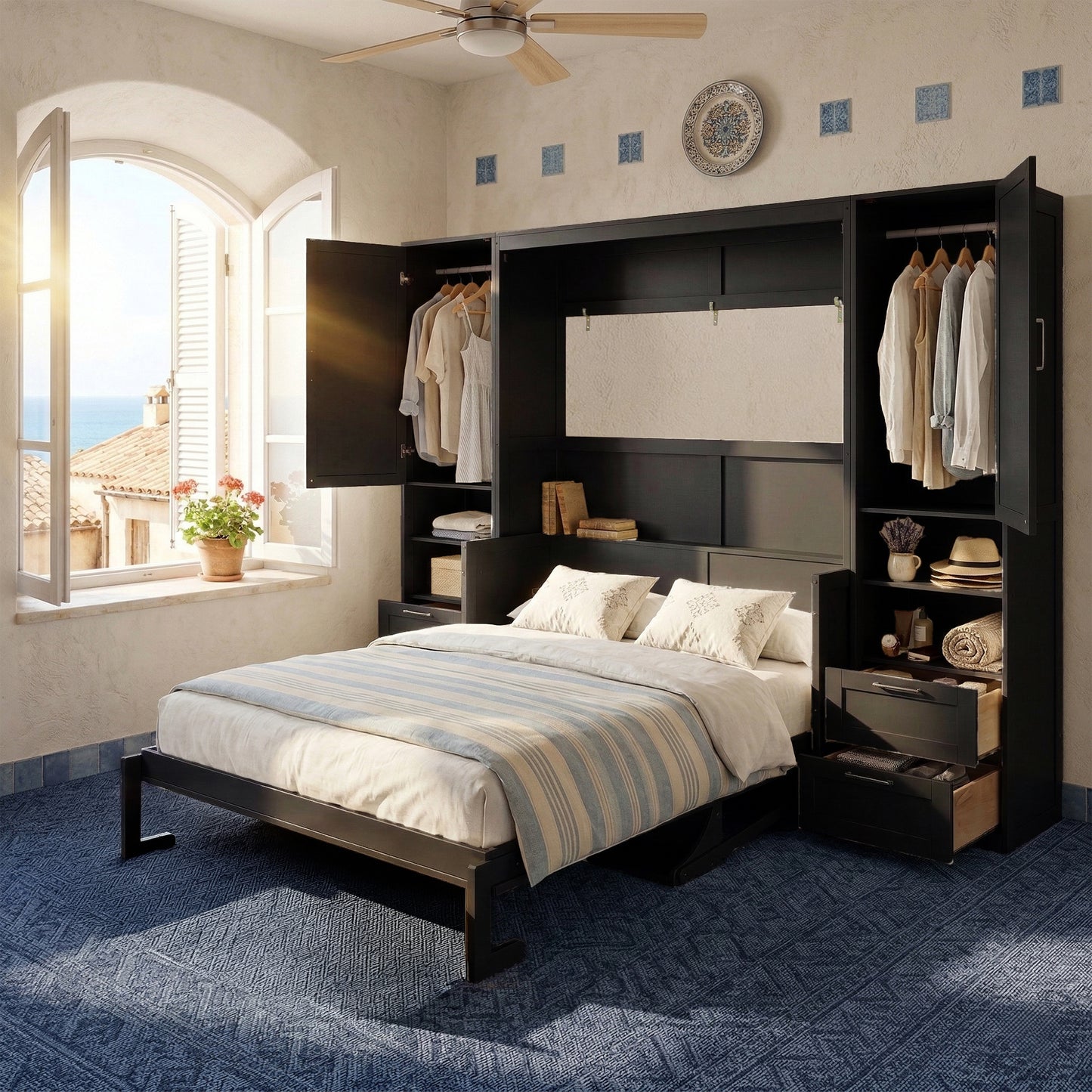 Queen Size Murphy Bed Wall Bed with Closet ,Drawers and Shelves-Oak Veneer ,Black