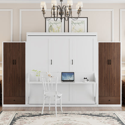 Queen Size Murphy Bed with Desk & Storage, White MDF Frame for Bedroom