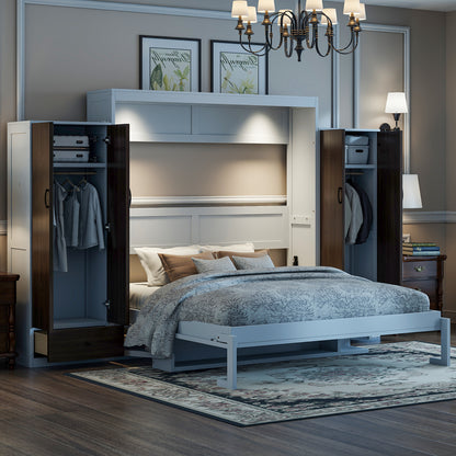 Queen Size Murphy Bed with Desk & Storage, White MDF Frame for Bedroom