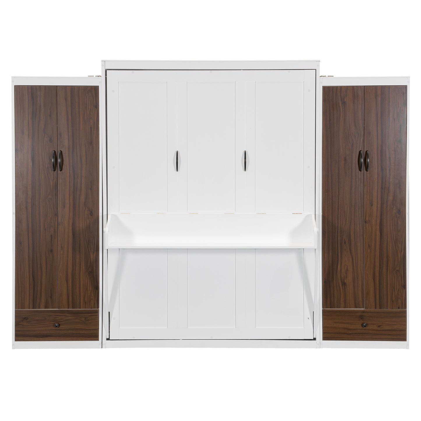 Queen Size Murphy Bed with Desk & Storage, White MDF Frame for Bedroom