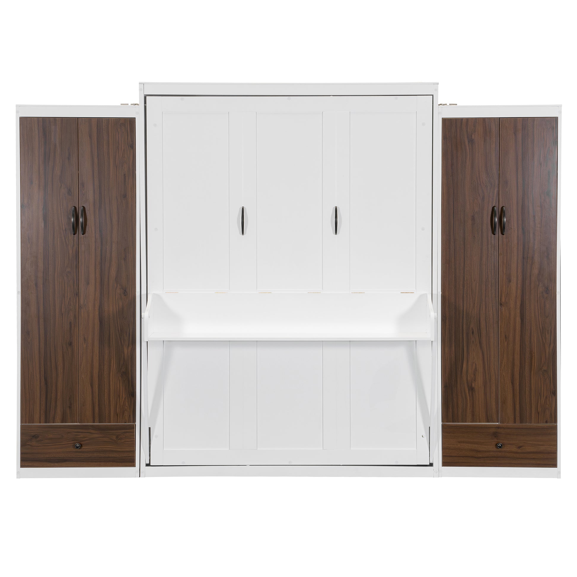Queen Size Murphy Bed with Desk & Storage, White MDF Frame for Bedroom