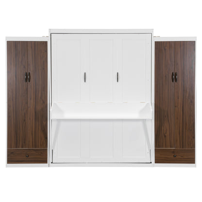 Queen Size Murphy Bed with Desk & Storage, White MDF Frame for Bedroom