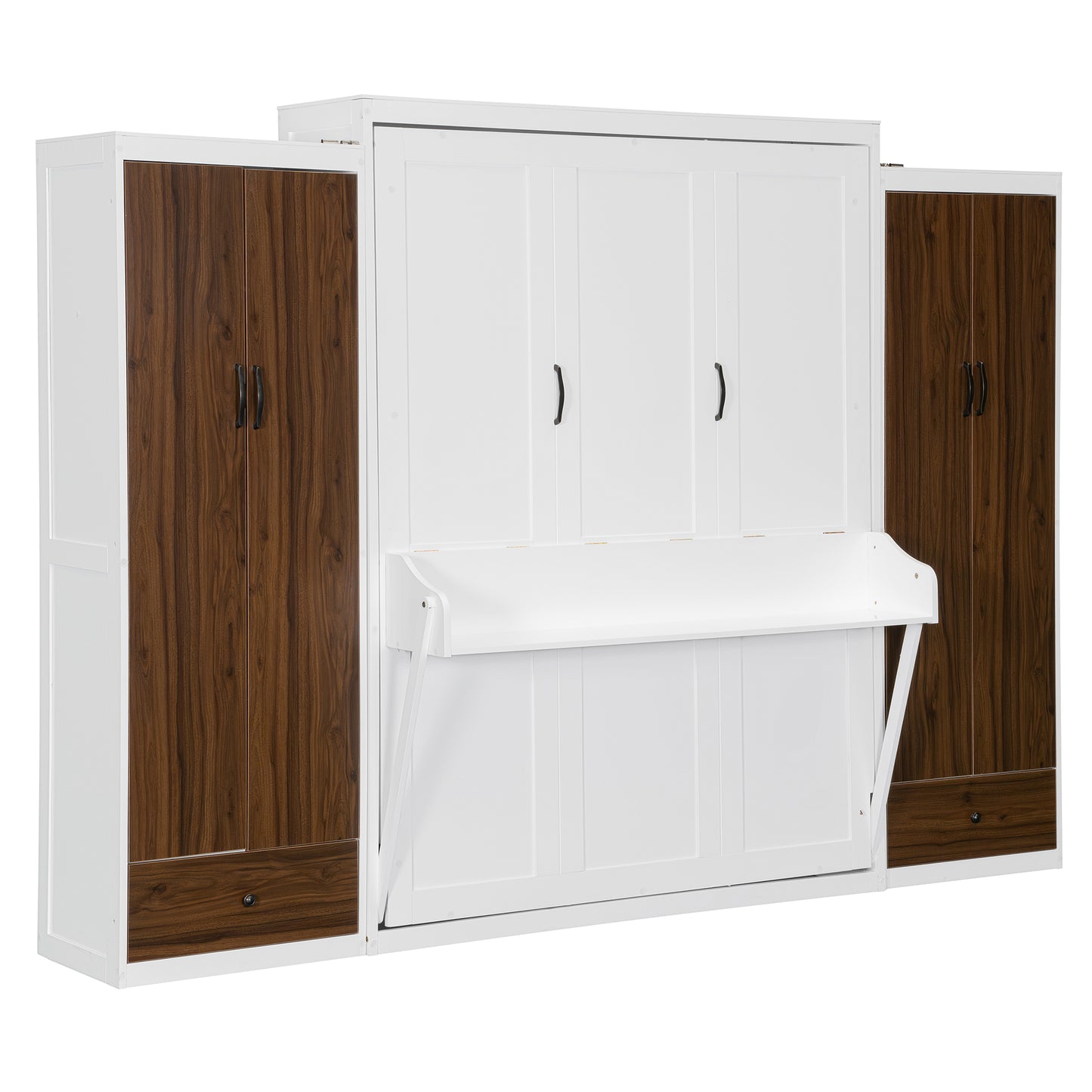 Queen Size Murphy Bed with Desk & Storage, White MDF Frame for Bedroom