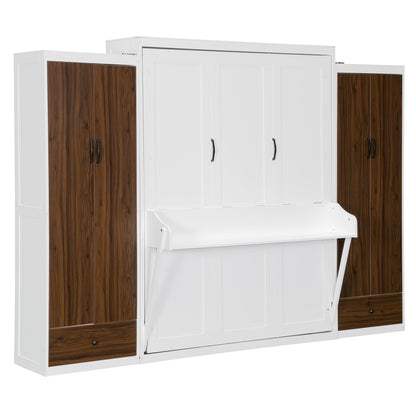 Queen Size Murphy Bed with Desk & Storage, White MDF Frame for Bedroom