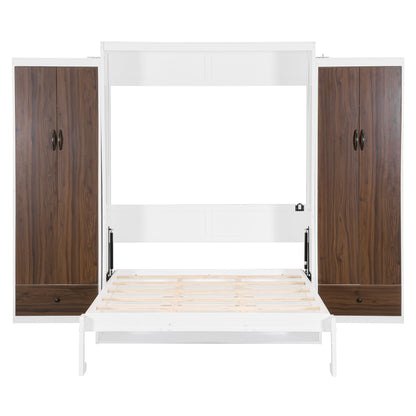 Queen Size Murphy Bed with Desk & Storage, White MDF Frame for Bedroom