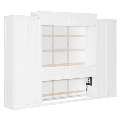 Queen Size Murphy Bed with Desk & Storage, White MDF Frame for Bedroom