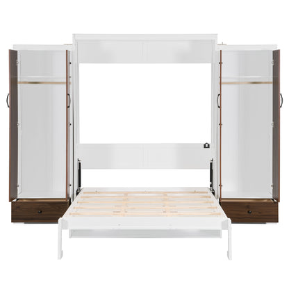 Queen Size Murphy Bed with Desk & Storage, White MDF Frame for Bedroom