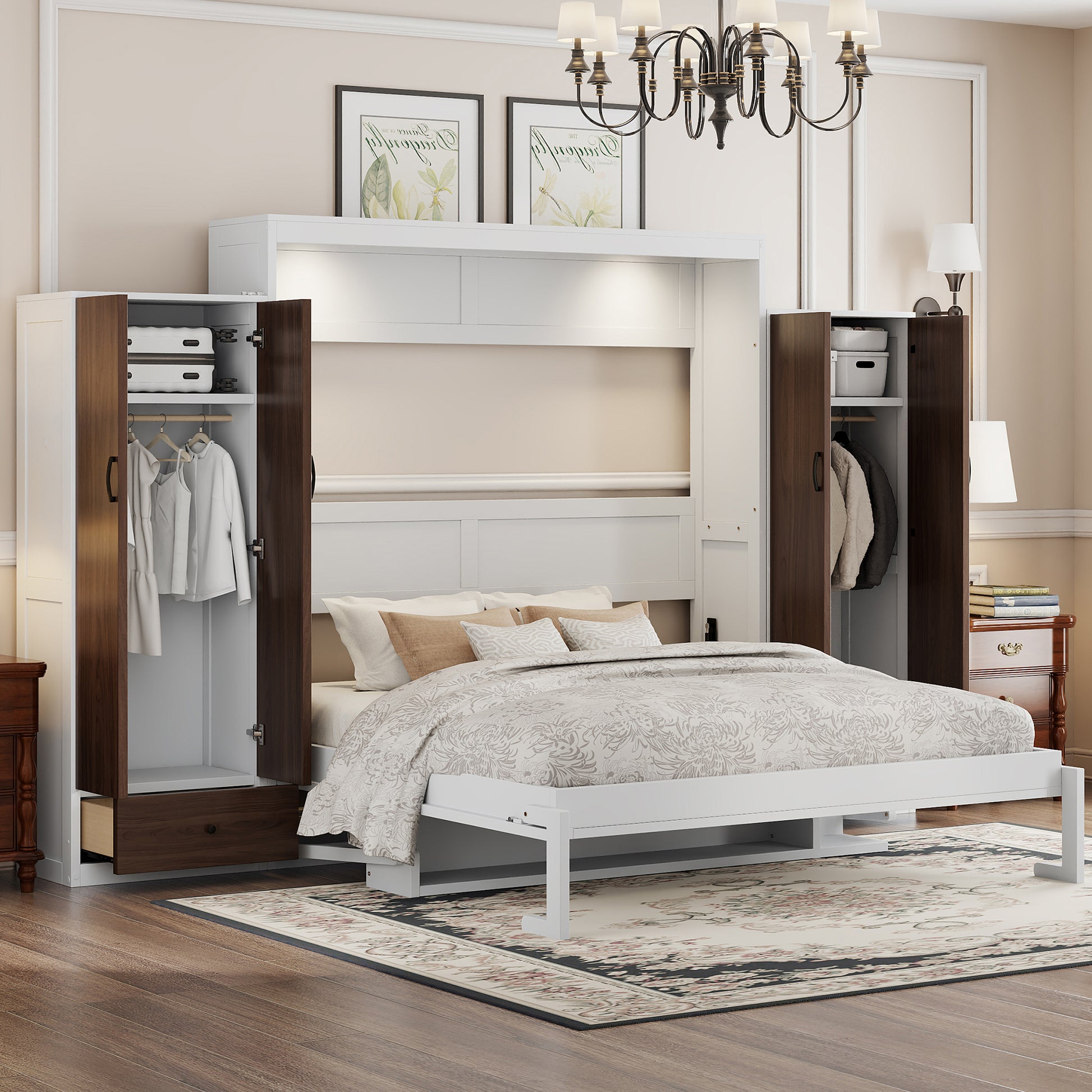 Queen Size Murphy Bed Wall Bed with Closet ,Drawers and Table,White(OLD SKU:LP000925AAK)