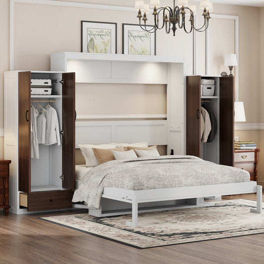 Queen Size Murphy Bed Wall Bed with Closet ,Drawers and Table,White(OLD SKU:LP000925AAK)