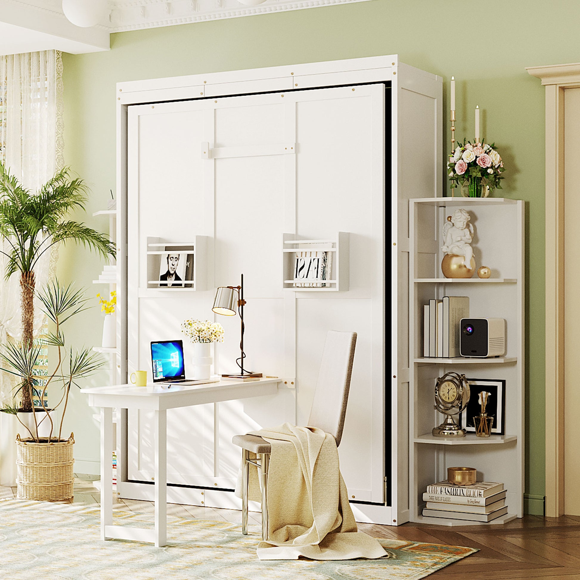 Rotating Full Murphy Bed with Hidden Wall Cabinet, Dual 3-Tier Side Shelves, Convertible Desk, Extra Storage Racks, Space-Saving Multifunctional Wall Bed for Home Office & Small Rooms, White