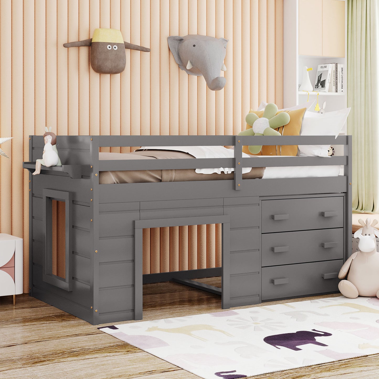 Twin Size Loft Bed with Cabinet and Shelf - Gray (OLD SKU:LP001501AAE)