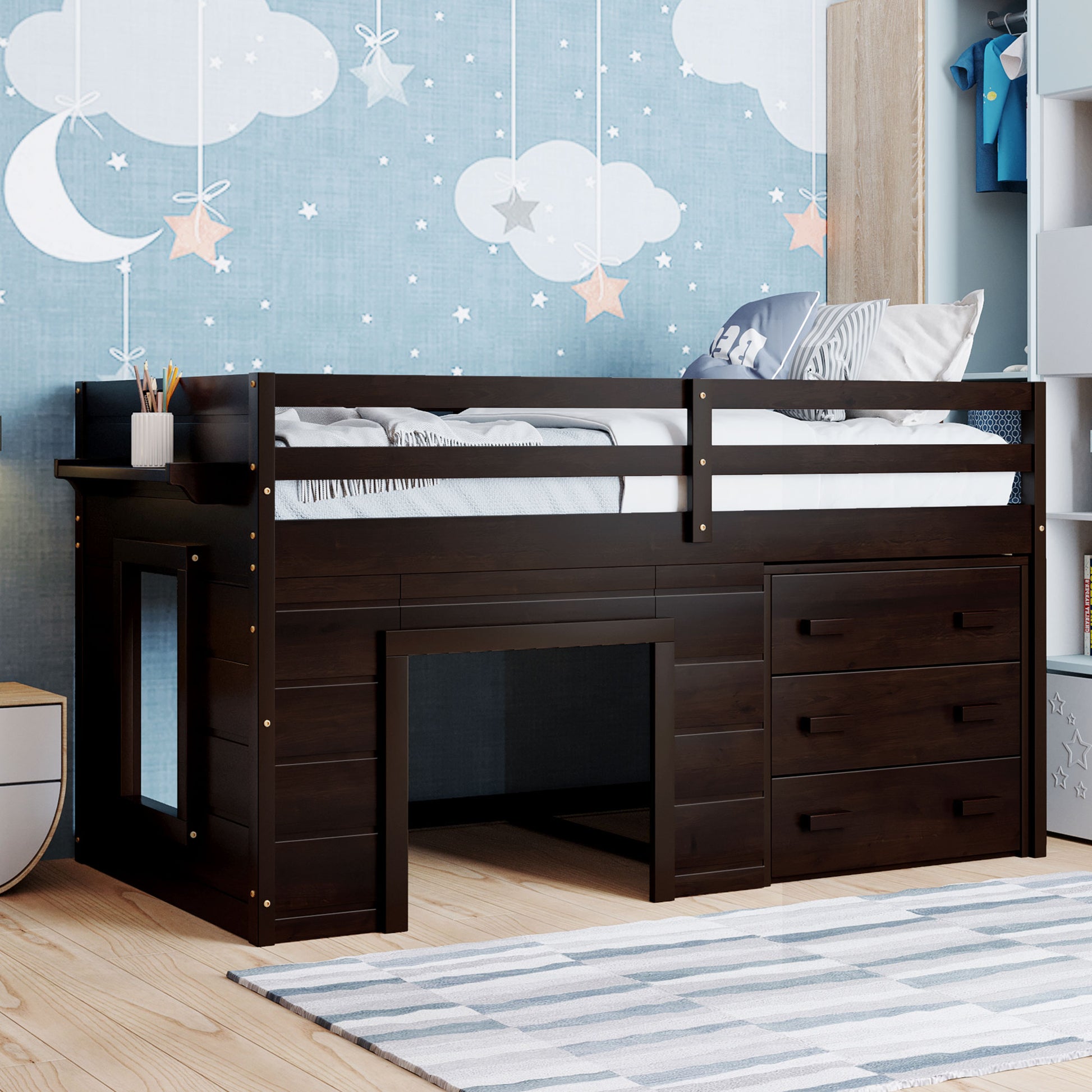 Twin Size Loft Bed with Cabinet and Shelf - Espresso (OLD SKU:LP001501AAP)