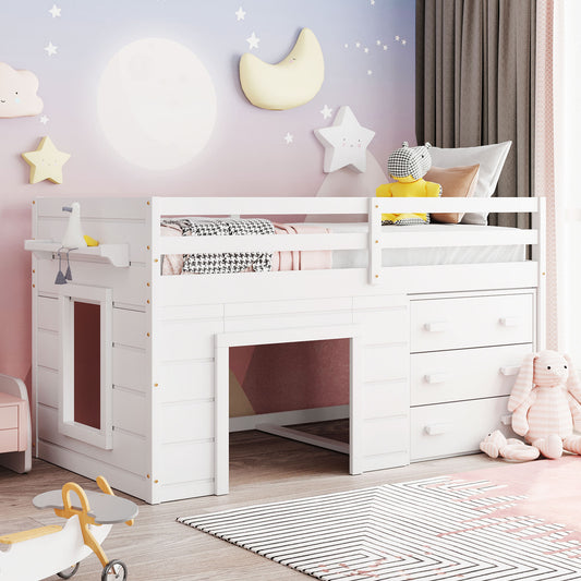 Twin Size Loft Bed with Cabinet and Shelf - White (OLD SKU:LP001501AAK)