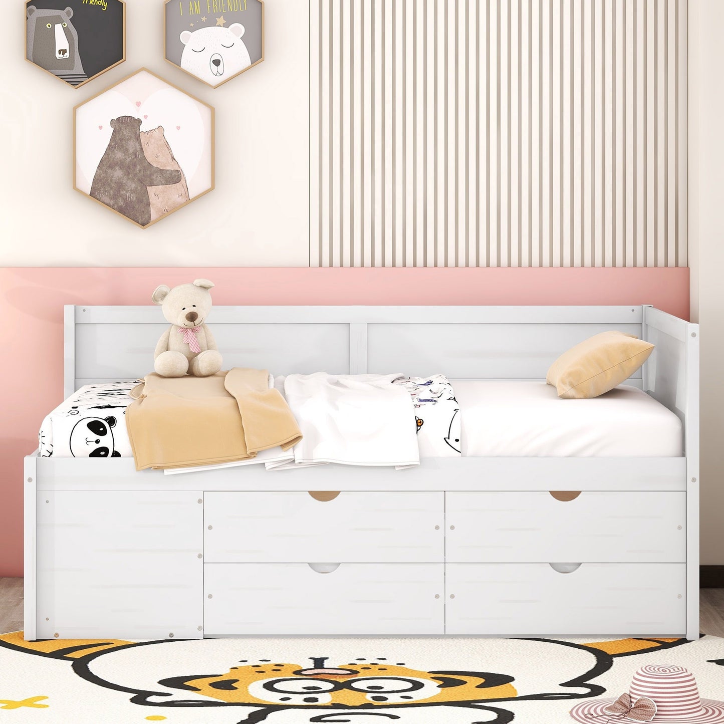 Twin Size Daybed with Drawers & Shelves - White Solid Wood for Bedroom