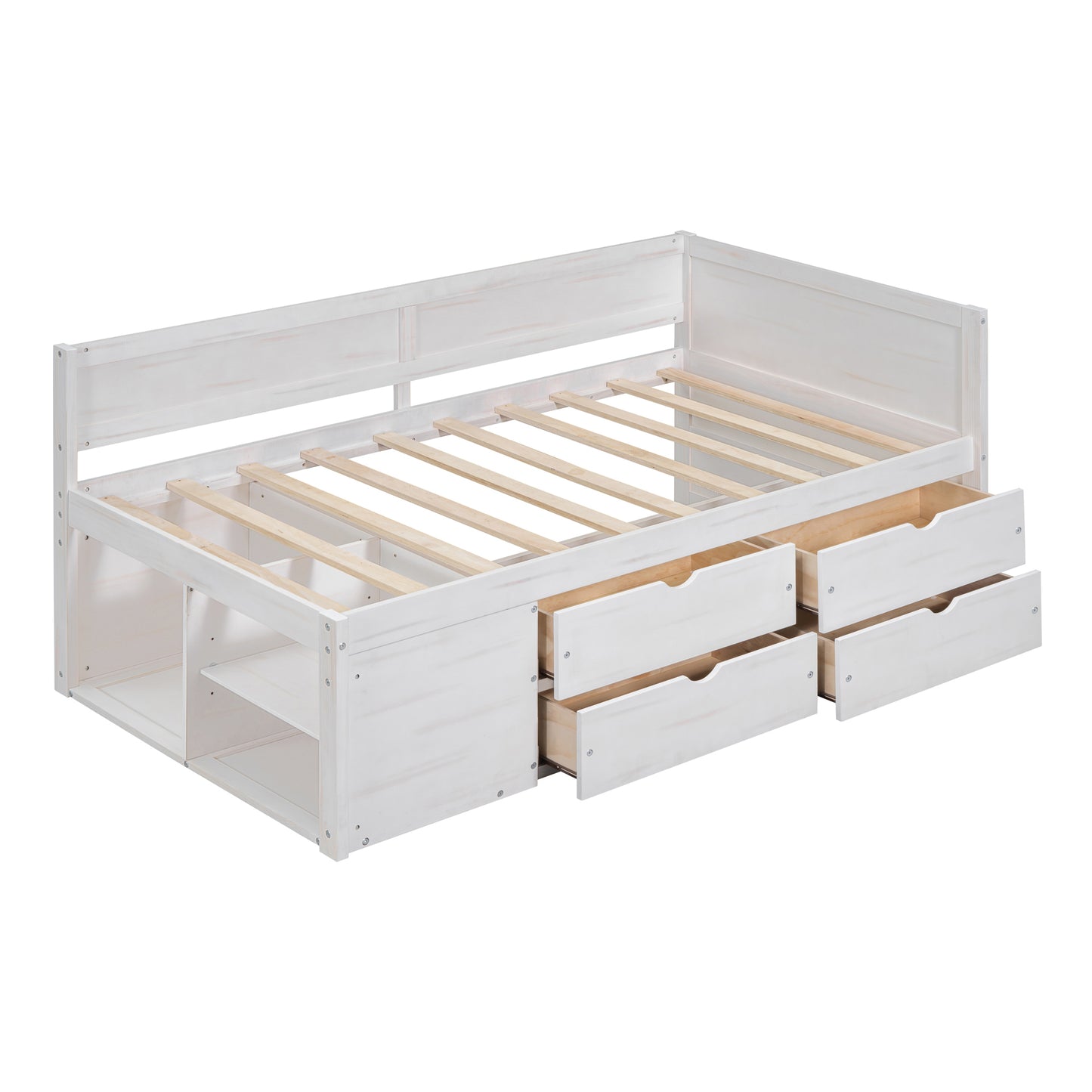 Twin Size Daybed with Drawers & Shelves - White Solid Wood for Bedroom