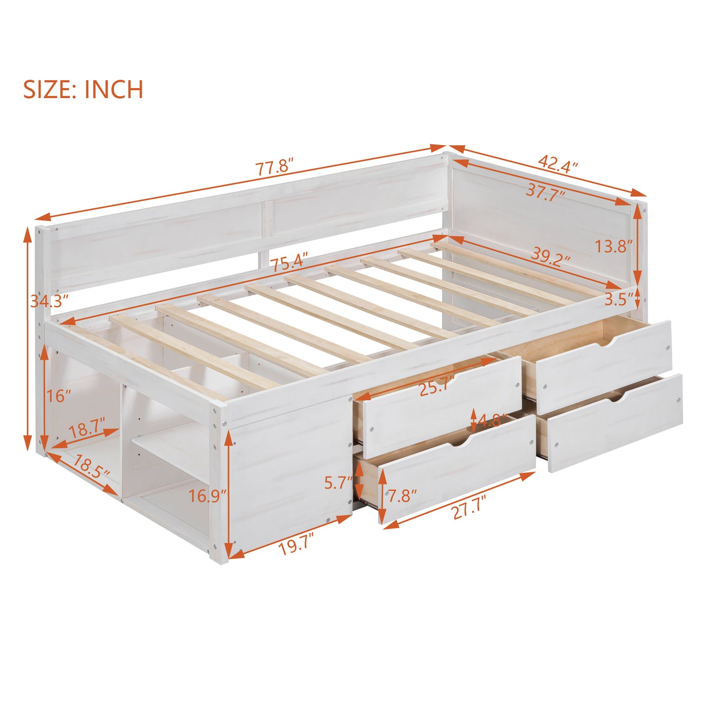 Twin Size Daybed with Drawers & Shelves - White Solid Wood for Bedroom