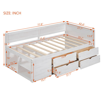 Twin Size Daybed with Drawers & Shelves - White Solid Wood for Bedroom